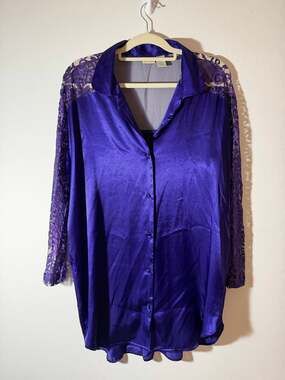 Cacique Purple Satin Nightshirt Medium Lace Sleeve Button Front Sleep Shirt
